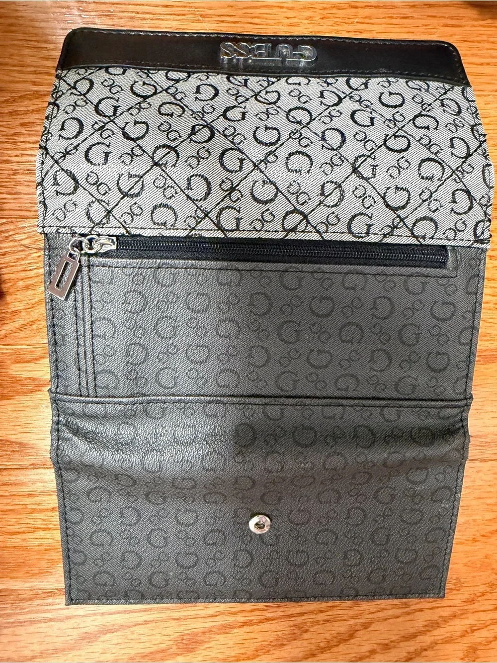 GUESS Gray Monogram and Black Trim Fold Wallet